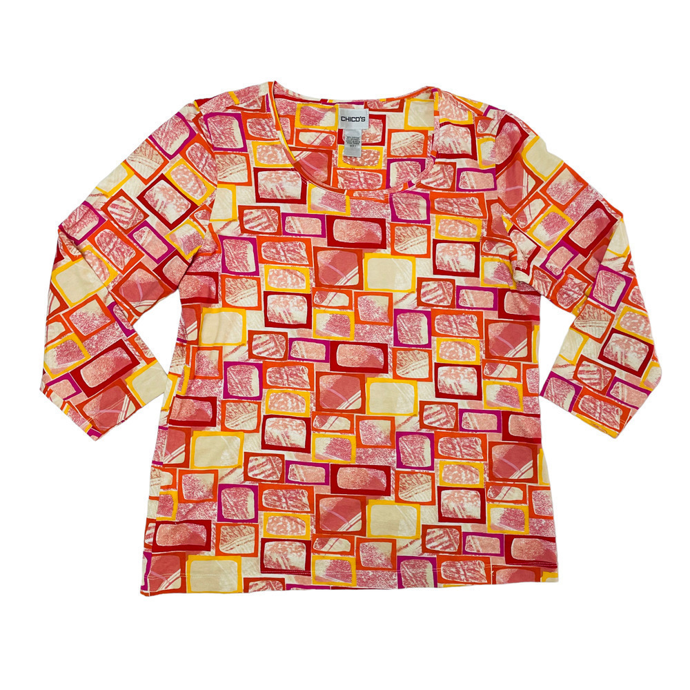 🍀Chico's Women's Multicolor 3/4 Sleeve Abstract Geometric Top Size 1 | Medium